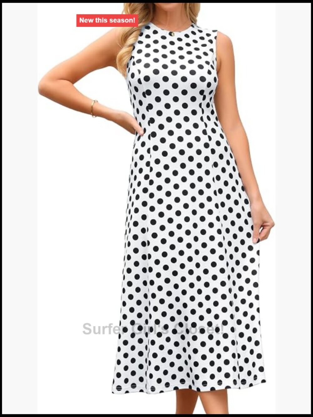 Sleeveless Polka Dot Midi Dress Vintage Crewneck A-Line Flowy Summer